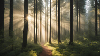 Obraz premium Sunbeams Through the Forest: A mystical path winds its way through a dense forest, illuminated by a radiant sunbeam that pierces through the canopy, creating a breathtaking scene of ethereal beauty. 