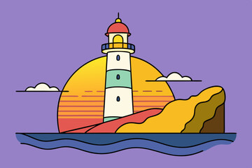 Create a cartoon sunset scene with a tall lighthouse on a rugged cliff, crashing waves below, seagulls in flight, and the lighthouse beam shining through a vibrant orange sky