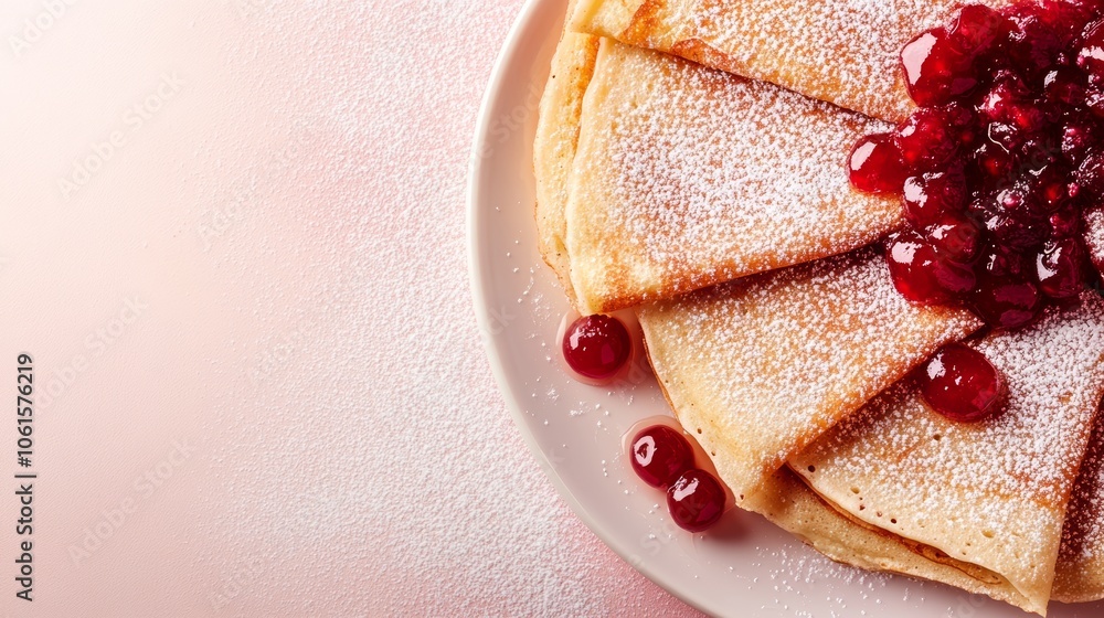 Poster a close-up of a plate of thin pancakes dusted with powdered sugar and topped with a dollop of cranbe