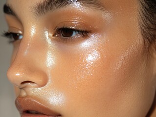 Fototapeta premium Close-up of a glowing face with radiant skin, showcasing beauty and skincare.