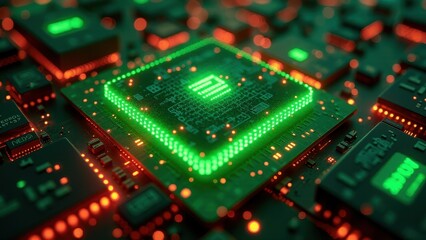 Obraz premium Processor with futuristic neon green and red lights on electronic circuit board 