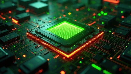 Obraz premium Processor with futuristic neon green and red lights on electronic circuit board 