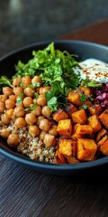 Savory Quinoa Bowl with Roasted Chickpeas, Sweet Potato, and Creamy Herb Dressing