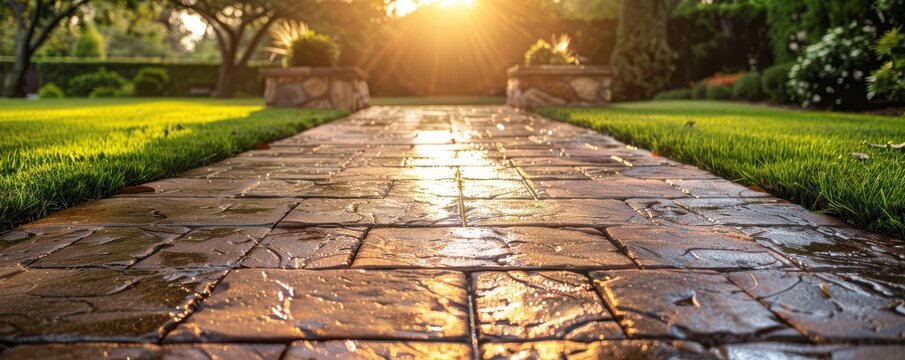 Sunlight reflecting on a beautifully stamped concrete patio, creating a serene backyard atmosphere. Free copy space for text.