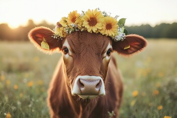 Brown cow wearing flower crown posing in pasture