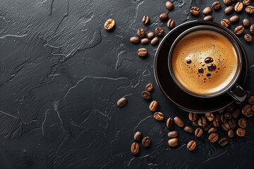 Cup of coffee on black background. Copy space. Top view. Flat lay.


