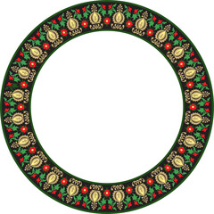 Vector round colored ancient Russian ornament. Slavic border, frame. Circle, ring. Painting of the royal chambers