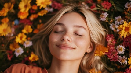 Naklejka premium Happy blonde woman in her 20s, lying on flowers with closed eyes, smiling peacefully; vibrant, blurred floral .