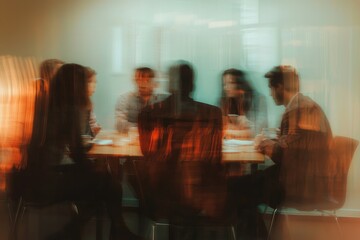 A blurry image of a group of people sitting around a table