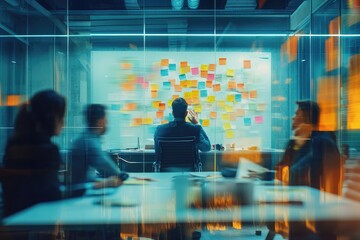 A group of people are sitting around a table with a white board