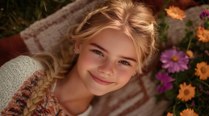 Naklejka premium Teenage blonde girl with braids on a blanket, surrounded by flowers; soft smile and blurred .