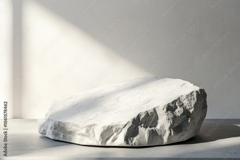Poster minimalist stone pedestal display with abstract shapes in light grey setting