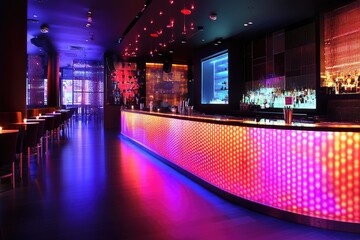 Modern bar counter shining with colorful led lights in empty nightclub