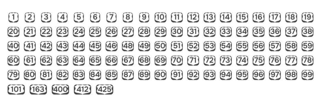 U.S. Route sign set. Highway road shields. Travel information marks. Vector illustration