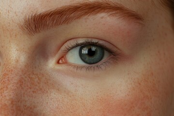 Fototapeta premium Close-up of a person's eye, showcasing details like freckles and reflections.
