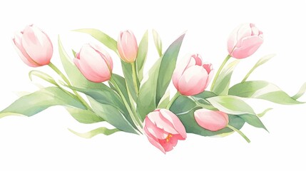 Soft watercolor of pastel pink tulips with green leaves arranged in a minimalistic style isolated on white background for banners postcards high resolution quality and definition