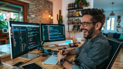 A joyful programmer laughs at his desk, surrounded by code-filled screens and a creative workspace, exuding tech enthusiasm in a modern setting.