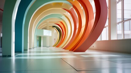 Obraz premium Sunlit hallway with arched multicolored structures casting vibrant shadows across the sleek floor.