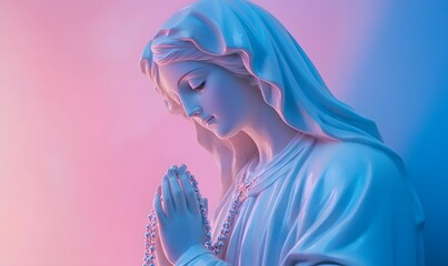 A close-up of a statue of Mary holding a rosary. Generative AI 