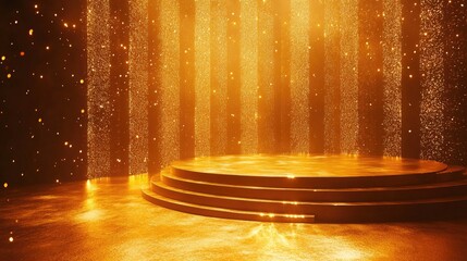 Glamorous podium with a gold background illuminated by glowing lights, ideal for luxury product displays, award ceremonies, and high-end branding