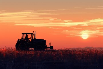 Fototapeta premium Artistic tractor silhouette at sunset, showcasing the beauty of farming in rural landscapes. Free copy space for text.
