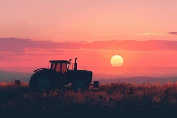 Fototapeta premium Artistic tractor silhouette at sunset, showcasing the beauty of farming in rural landscapes. Free copy space for text.