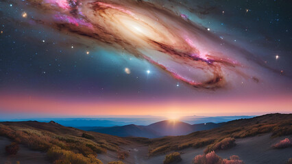 Obraz premium Cosmic Sunrise: A breathtaking panorama of a vibrant nebula dominating the night sky above a serene mountain landscape at sunrise.