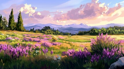 Lavender fields under soft dawn clouds, with gentle pastel colors