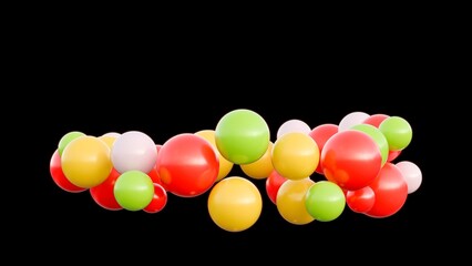 A captivating collection of colorful spheres in radiant shades of red, green, yellow, and white creates a striking abstract design against a black backdrop, perfect for creative projects