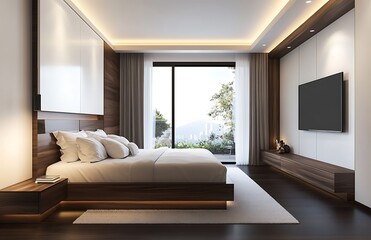 Modern Bedroom with Marble Flooring and Mirrored Closet