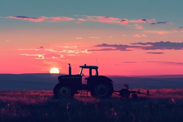 Obraz premium Artistic tractor silhouette at sunset, showcasing the beauty of farming in rural landscapes. Free copy space for text.