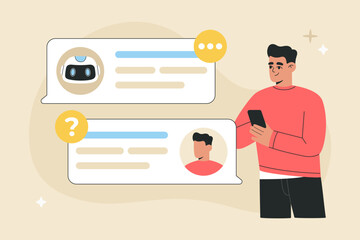 Artificial Intelligent chatbot concept, man and human assistant messaging via phone, virtual dialog with smart robot, asking questions in speech bubbles. Flat vector illustration, isolated background