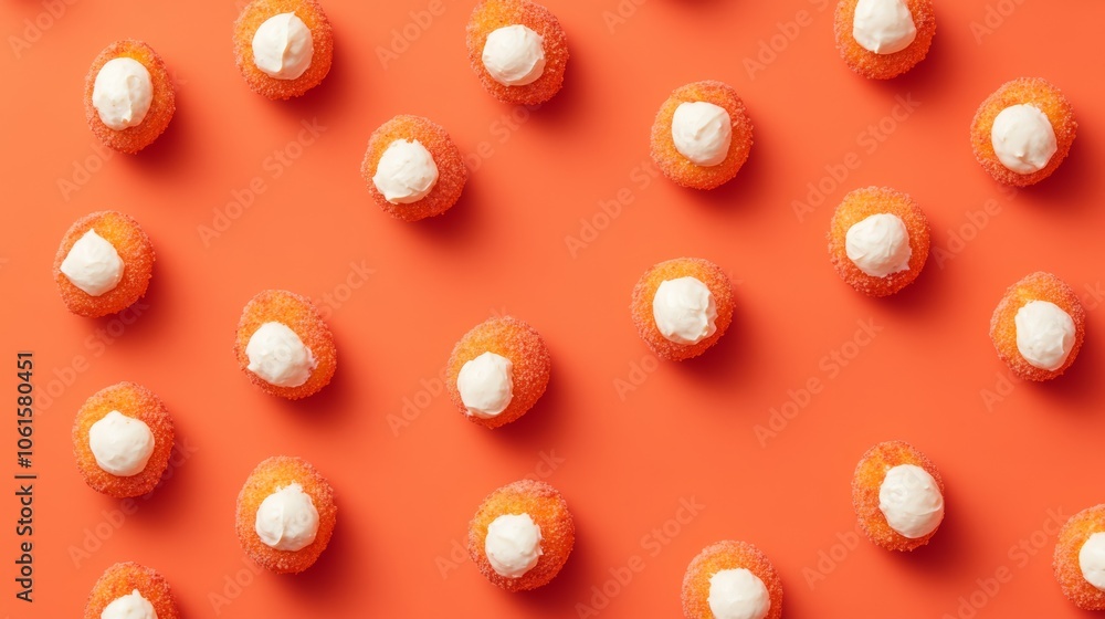 Poster a flat lay of small orange cupcakes with white frosting arranged in a repeating pattern on a bright 