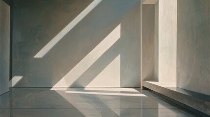 Fototapeta premium Striking geometric shadows and light play across an empty, minimalist room, creating a modern, contemplative space.