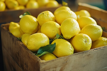 Freshly harvested lemons in a rustic wooden crate at a vibrant farmers market during sunny afternoon