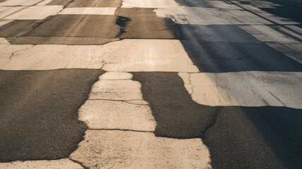 Abstract view of a weathered asphalt road with cracks and subtle shadows, showcasing the interplay of light and texture.