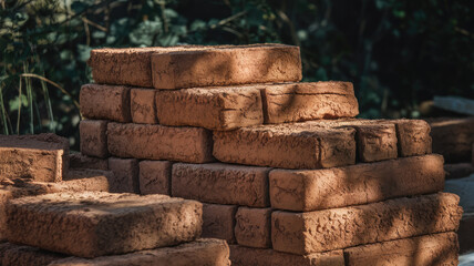 A stack of rustic, sunlit clay bricks, showcasing their earthy tones and textures, ideal for construction or landscaping projects.