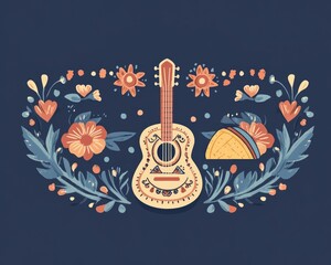 Obraz premium Festive Mexican Celebration: Colorful Illustration with Guitar, Taco, and Sombrero Hat
