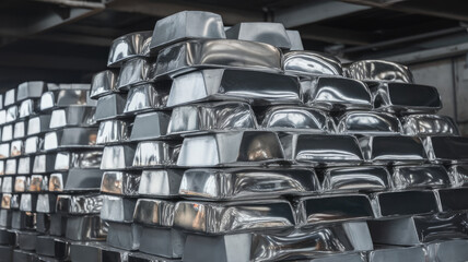 A close-up view of large, shiny silver bullion bars stacked neatly in a warehouse, reflecting light and creating an industrial aesthetic.