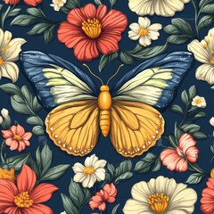 Floral Delight. Modern Art Seamless Pattern with Ornate Flowers and Butterflies on Dark Blue Background