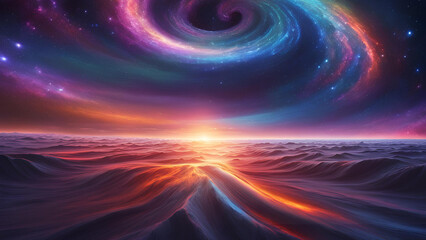 Fototapeta premium Cosmic Convergence: A breathtaking digital painting of a vibrant alien landscape, where swirling nebulae meet a fiery sunset, creating a surreal and awe-inspiring scene.