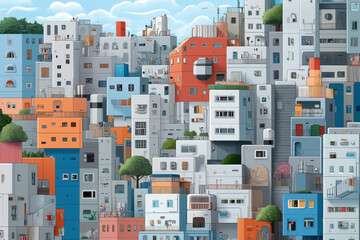 colorful urban neighborhood with stacked buildings and trees