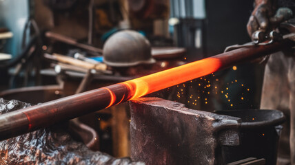 A skilled artisan forging glowing metal in a workshop, showcasing the intensity of craftsmanship and dedication to the art of blacksmithing.