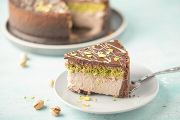 Dubai chocolate cheesecake  with  kataifi and pistachio paste. Trend dessert