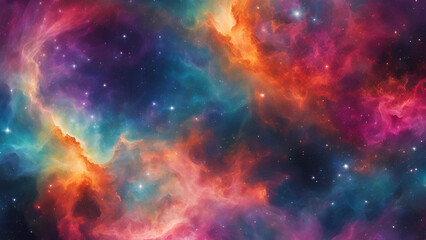 Cosmic Dance: A mesmerizing cosmic nebula swirls in a vibrant tapestry of pink, blue, and orange hues, scattered with twinkling stars.  A breathtaking journey into the depths of space. 