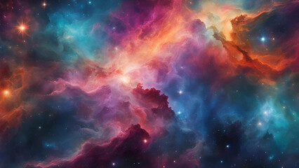 Naklejka premium Cosmic Canvas: A vibrant nebula explodes with color, a breathtaking spectacle of cosmic dust and stellar energy. The image captures the beauty and mystery of deep space. 