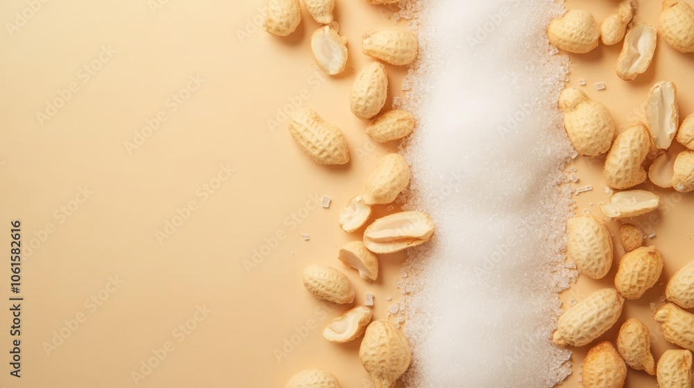 Poster a line of white sugar divides a yellow background with peanuts on either side, with copy space.