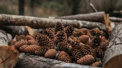 A close-up of pine cones scattered among logs in a natural outdoor setting, showcasing earthy tones and a rustic atmosphere.