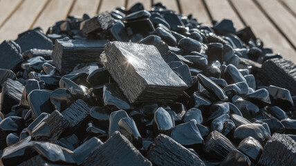 A close-up view of a pile of shiny black obsidian stones, showcasing their smooth textures and sharp edges, illuminated by sunlight for a striking visual effect.