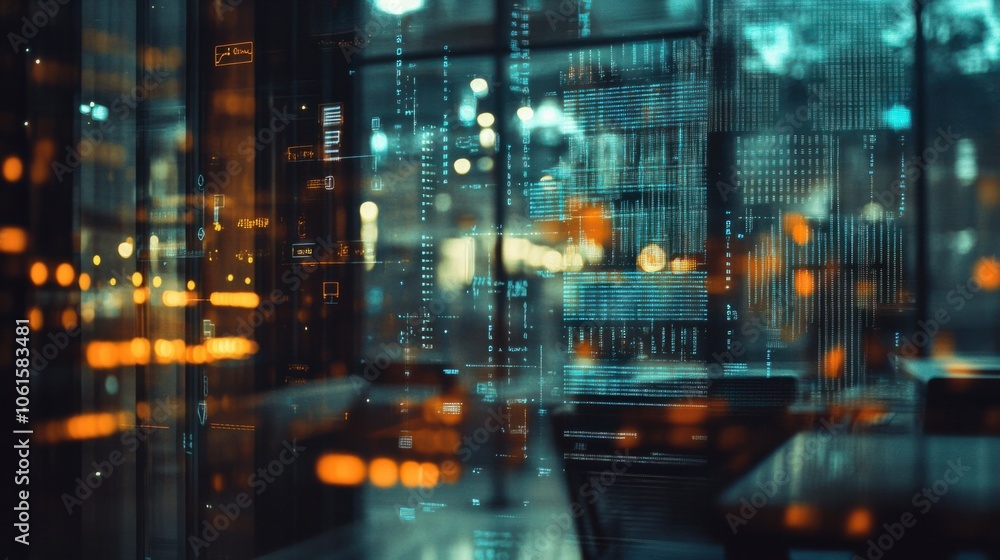 Aufkleber blurred office lights and digital overlay of data points, creating a futuristic business atmosphere